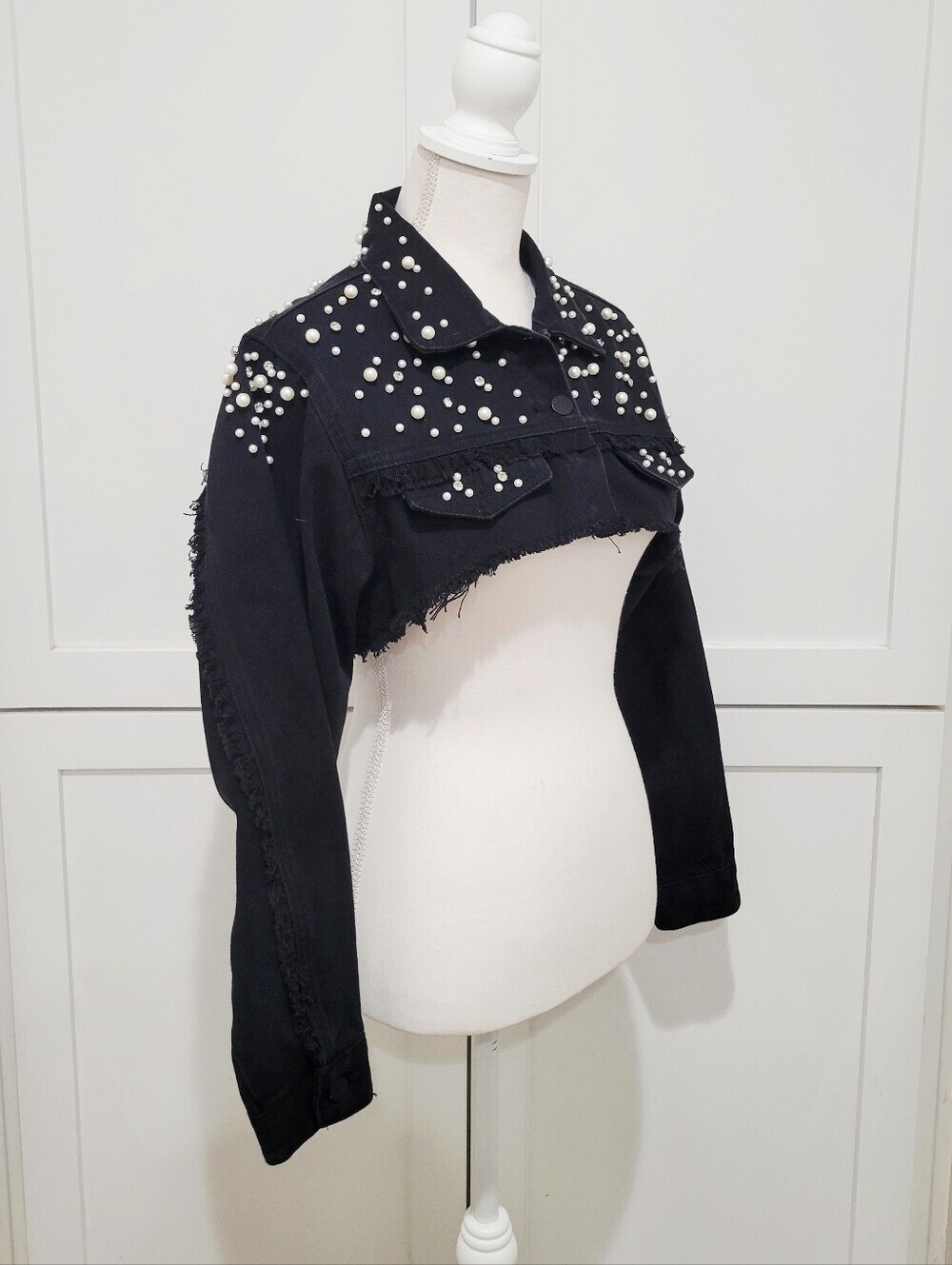 Black Denim Pearl & Rhinestone Embellished Shrug | Size Large